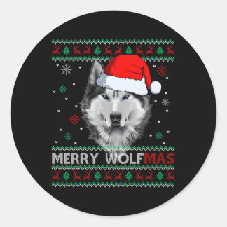 Merry Wolfmas Merry Wolf Ugly Runder Aufkleber