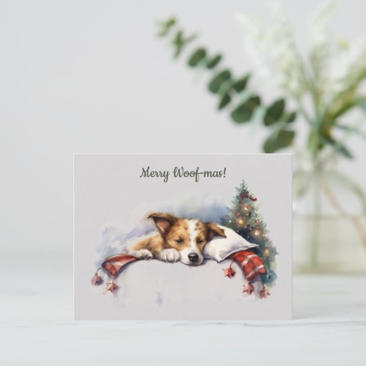 Merry Woof-mas Dog Tree Schlafen Weihnachten Postkarte (Stehend Vorderseite)