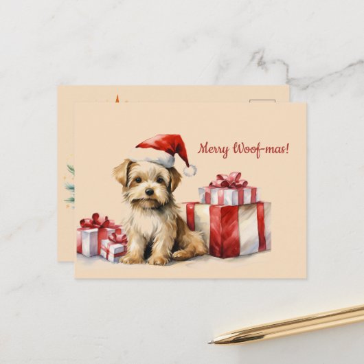 Merry Woof-mas Hund präsentiert Weihnachts-Postkar Postkarte (Vorderseite/Rückseite Beispiel)
