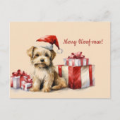 Merry Woof-mas Hund präsentiert Weihnachts-Postkar Postkarte (Vorderseite)