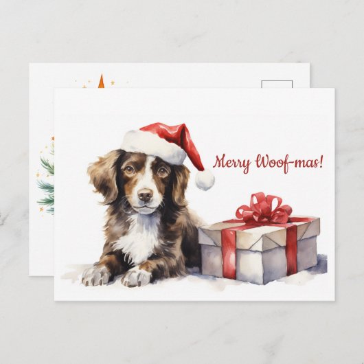 Merry Woof-mas Hund Weihnachtsmannmütze Weihnachte Postkarte (Vorne/Hinten)
