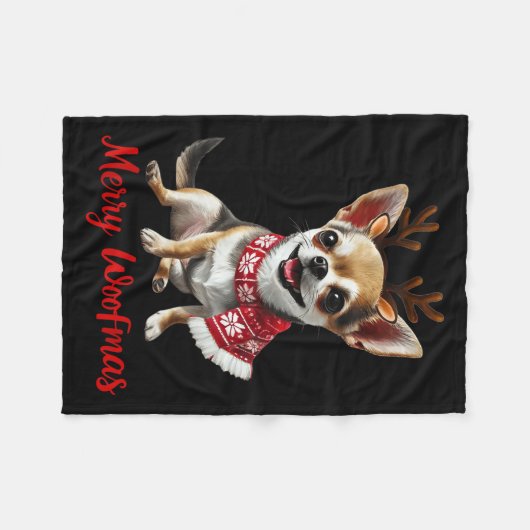 Merry Woofmas Chihuahua Dog Meme In Reindeer Antle Fleecedecke (Vorderseite (Horizontal))