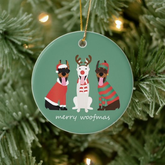 Merry Woofmas Dobermann Weihnachtshunde Keramik Ornament (Baum)
