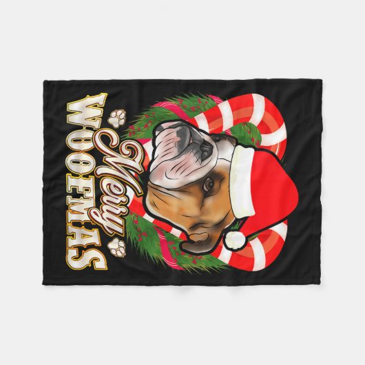 Merry Woofmas English Bulldog With Santa Claus Hat Fleecedecke (Vorderseite (Horizontal))