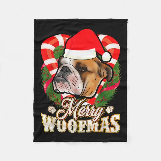Merry Woofmas English Bulldog With Santa Claus Hat Fleecedecke (Vorderseite)
