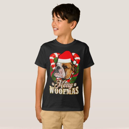 Merry Woofmas English Bulldog With Santa Claus Hat T-Shirt (Vorne ganz)