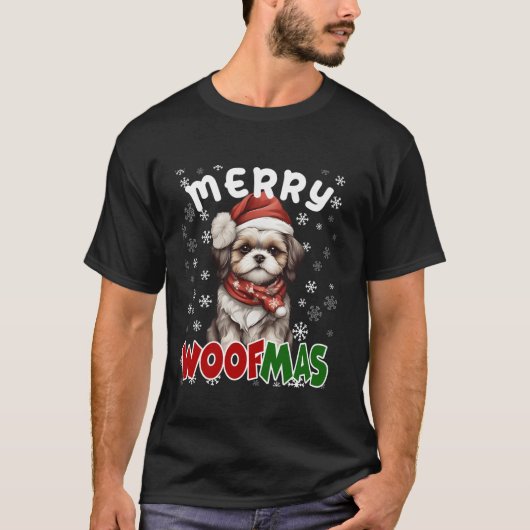 Merry Woofmas frohe Weihnachten Funny Shih Tzu Dog T-Shirt (Vorderseite)