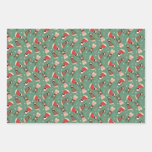 Merry Woofmas Mops Hunde Geschenkpapier Set (Vorderseite)