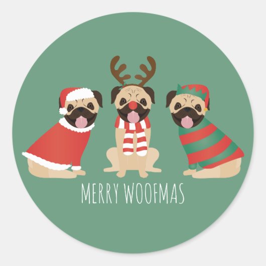 Merry Woofmas Mops Hunde Runder Aufkleber (Vorderseite)