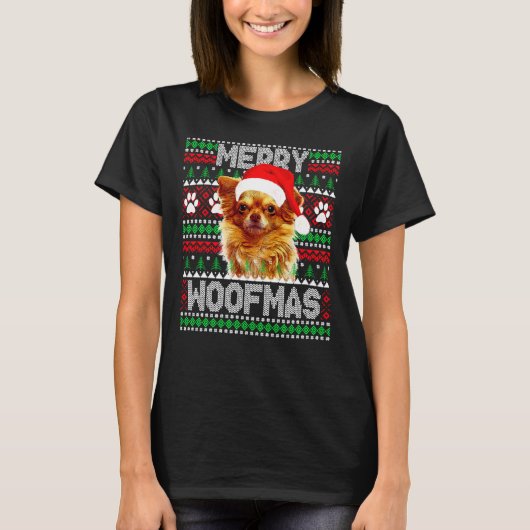 Merry Woofmas Niedlich Long Coat Chihuahua Dog Ugl T-Shirt (Vorderseite)