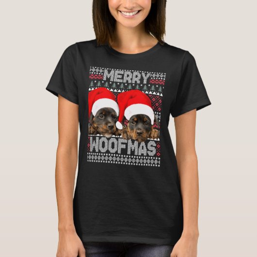 Merry Woofmas Niedliche Rottweiler Welpen mit Sant T-Shirt (Vorderseite)