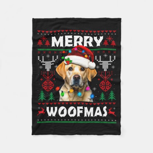 Merry Woofmas Yellow Labrador Christmas Ugly Sweat Fleecedecke (Vorderseite)