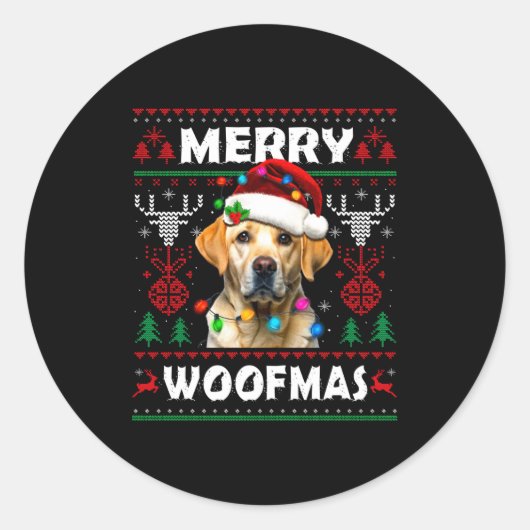 Merry Woofmas Yellow Labrador Christmas Ugly Sweat Runder Aufkleber (Vorderseite)
