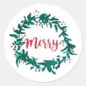 Merry Wreath mit Berries Script Runder Aufkleber (Vorderseite)