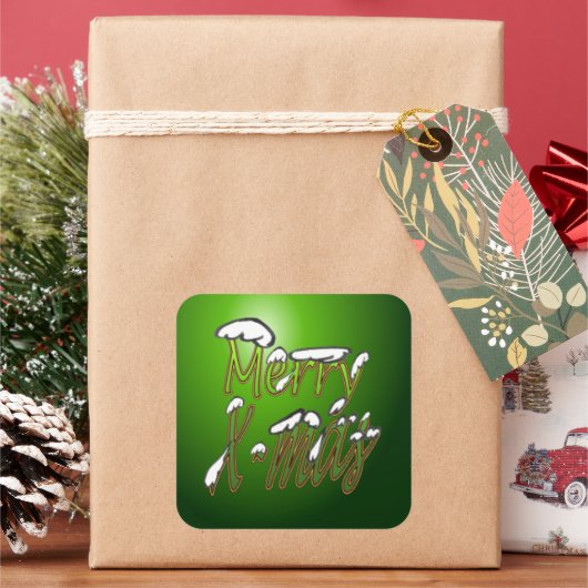 Merry X-mas Green Lettering Square Stickers (Feiertag)