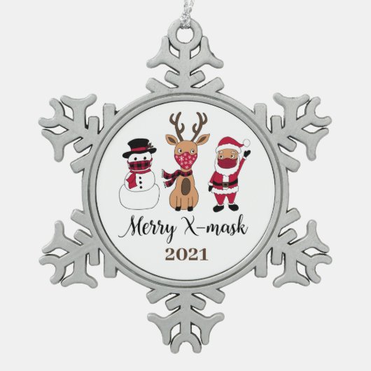 Merry X-Mask Funny Buffalo Kariert Santa Schneeflocken Zinn-Ornament (Vorderseite)