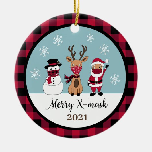 Merry X-Mask Funny Buffalo Karierter Karo Santa Keramik Ornament (Vorne)