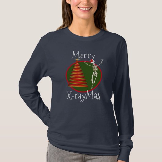 "Merry X-raymas" mit Skeletten in Weihnachtsmannmü T-Shirt (Vorderseite)