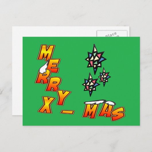 Merry Xmas 3 Stars Grüne Postkarte (Vorne/Hinten)