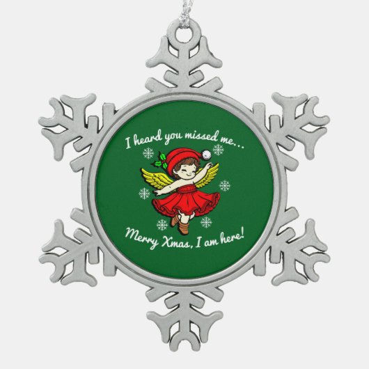 Merry Xmas bin ich hier Schneeflocken Zinn-Ornament (Vorderseite)