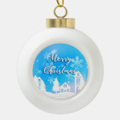 Merry Xmas Blue White House Snow Keramik Kugel-Ornament (Vorderseite)