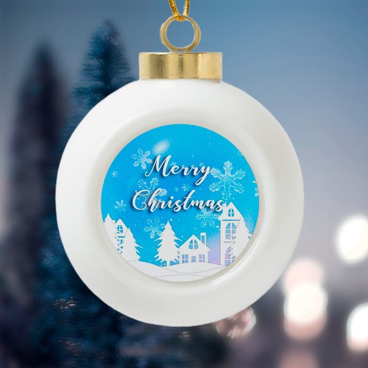 Merry Xmas Blue White House Snow Keramik Kugel-Ornament
