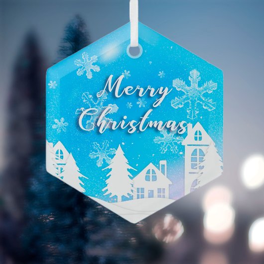 Merry Xmas Blue White House Snow Ornament Aus Glas