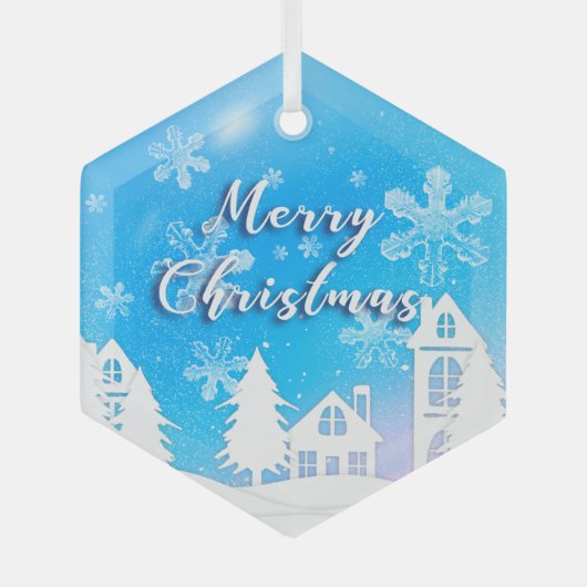 Merry Xmas Blue White House Snow Ornament Aus Glas (Vorderseite)