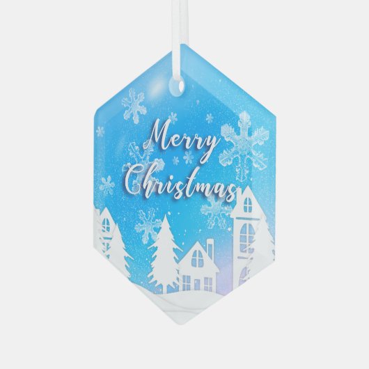Merry Xmas Blue White House Snow Ornament Aus Glas (Vorderseite Links)
