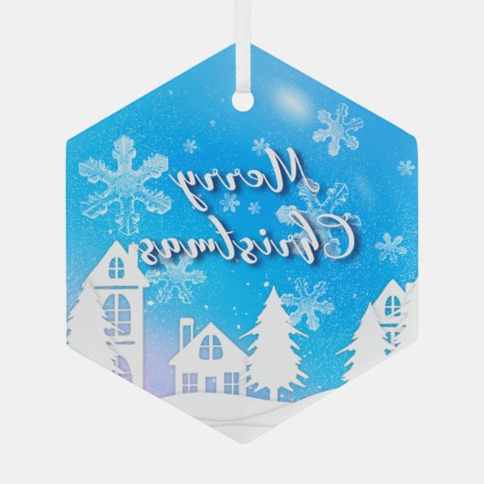 Merry Xmas Blue White House Snow Ornament Aus Glas (Rückseite)