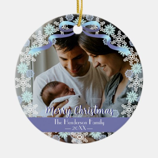Merry Xmas Familie Foto Name Light Blue Lila Keramik Ornament (Vorne)