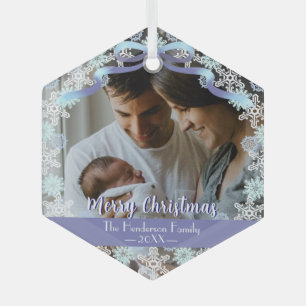 Merry Xmas Familie Foto Name Soft Blue Lila Tone Ornament Aus Glas