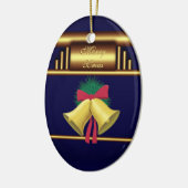 Merry Xmas Glocken auf Brass und Blau Keramikornament (Links)