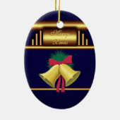 Merry Xmas Glocken auf Brass und Blau Keramikornament (Hinten)