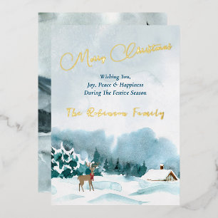 Merry Xmas Gold Letters Watercolor Winter Scape Folien Feiertagskarte