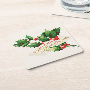 Merry Xmas & Happy New Year Holly Rechteckiger Pappuntersetzer