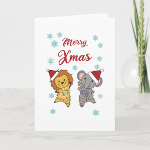 Merry Xmas Lion Elfeant Snow Winter Niedlich Karte