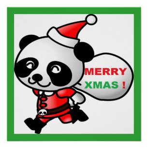 "MERRY XMAS" PANDA BEAR SANTA POSTER