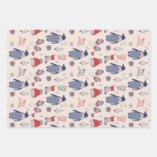 Merry Xmas Penguin Christmas Hats Gloves Muster Geschenkpapier Set (Vorderseite 3)