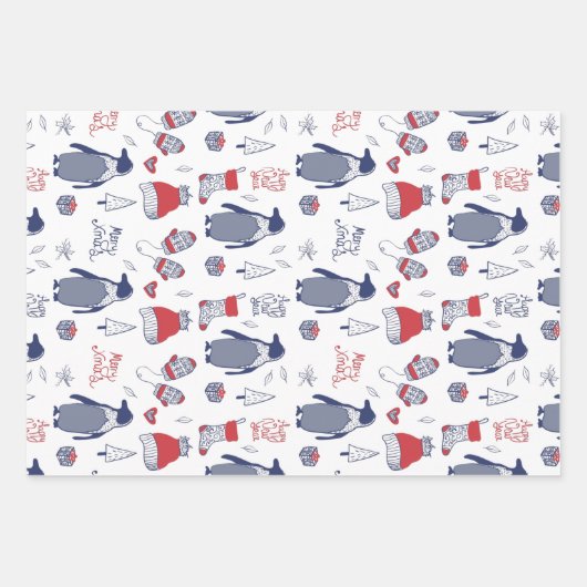 Merry Xmas Penguin Christmas Hats Gloves Muster Geschenkpapier Set (Vorderseite)