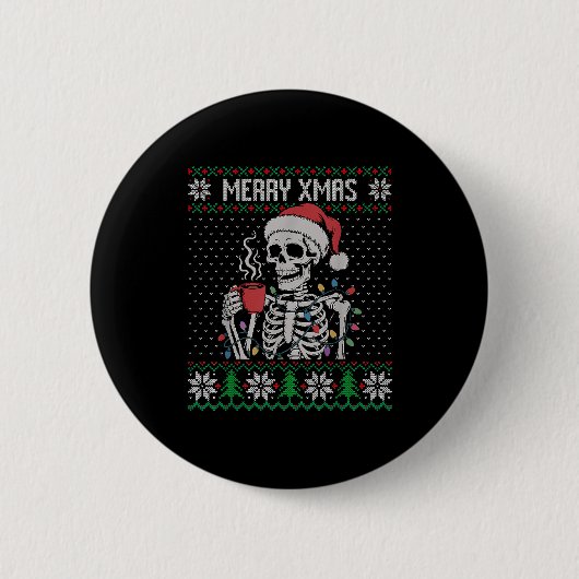 Merry Xmas Skeleton Ugly Sweater, Skull Wearing Sa Button (Vorderseite)