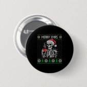 Merry Xmas Skeleton Ugly Sweater, Skull Wearing Sa Button (Vorne & Hinten)
