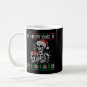 Merry Xmas Skeleton Ugly Sweater, Skull Wearing Sa Kaffeetasse (Links)