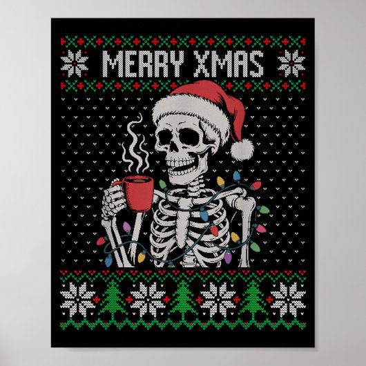 Merry Xmas Skeleton Ugly Sweater, Skull Wearing Sa Poster (Vorne)