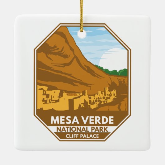 Mesa Verde National Park Cliff Palace Retro Emblem Keramikornament (Rückseite)