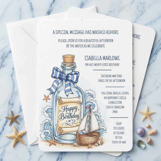 Message In Bottle Sailboat Birthday Invitation Einladung