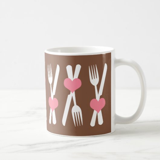 Messer u. Gabel - rosa Herzen, Brown u. weiße Kaffeetasse (Rechts)
