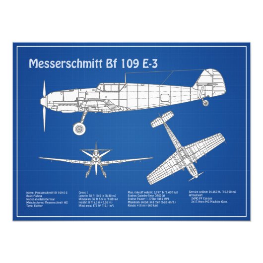 Messerschmitt Bf 109 - Flugzeug-Blueprint ABD Fotodruck (Vorne)