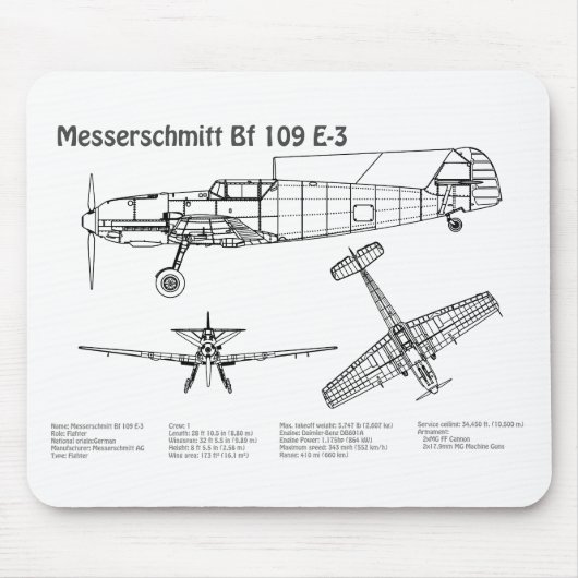 Messerschmitt Bf 109 - Flugzeug-Blueprint BD Mousepad (Vorne)