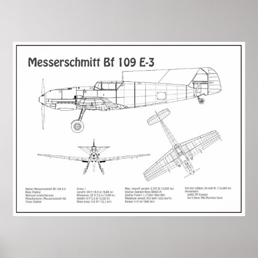 Messerschmitt Bf 109 - Flugzeug-Blueprint BD Poster (Vorne)